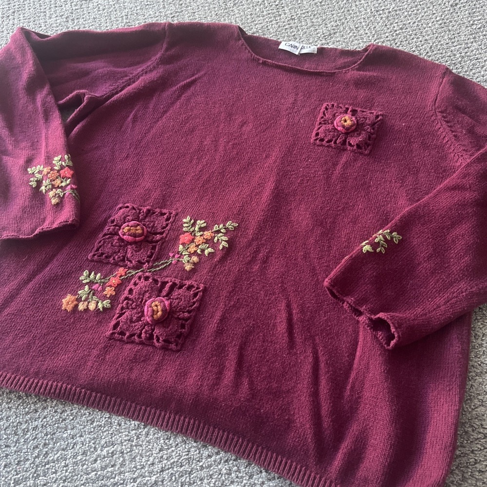 Vintage Cotton Cabin Creek Boho Cottagecore Granny Sweater. XL. Floral Embroider